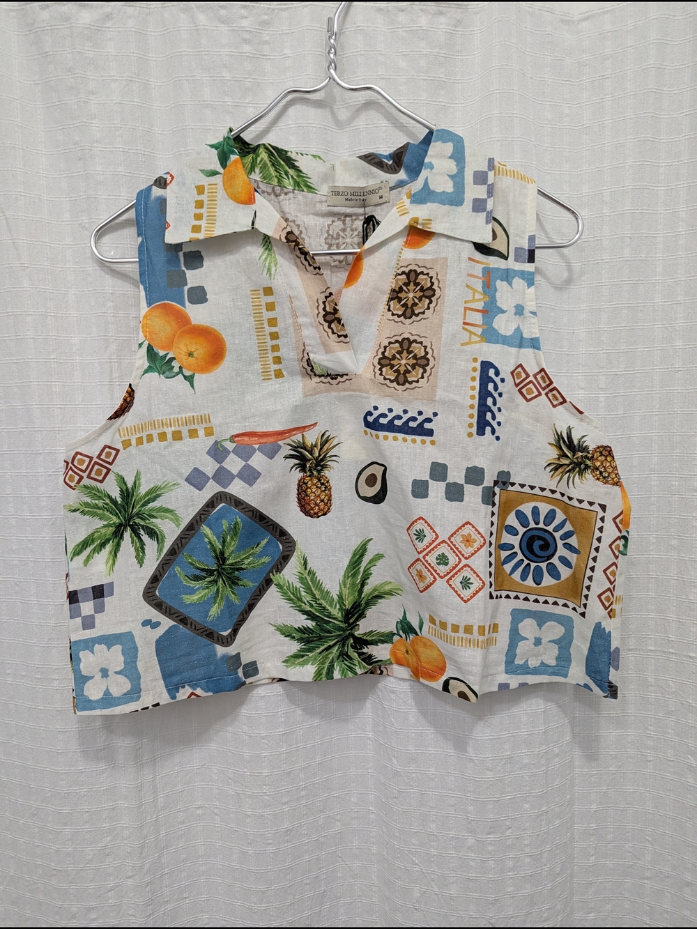 Terzo Millennio Tropical Print Linen Cotton Sleeveless Crop Top Made In Italy